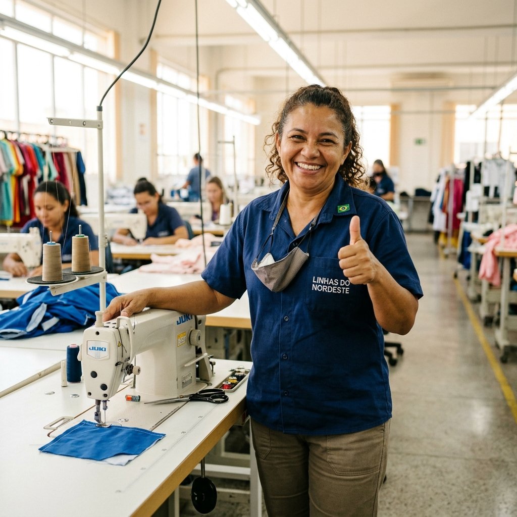 Costureira orgulhosa após dominar a máquina de braço